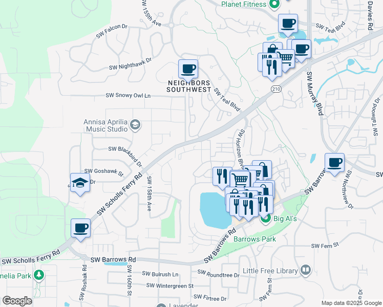 map of restaurants, bars, coffee shops, grocery stores, and more near 15536 Southwest Scholls Ferry Road in Beaverton