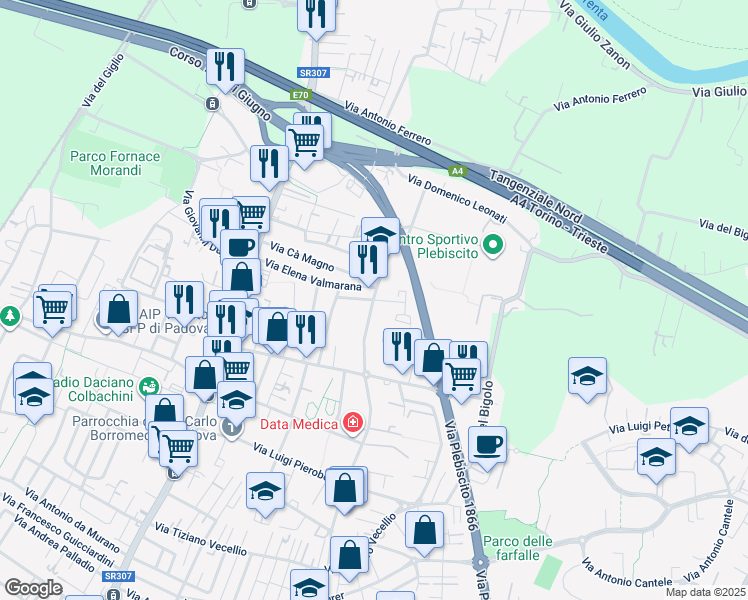 map of restaurants, bars, coffee shops, grocery stores, and more near 31 Via Libero Benedetti in Padova