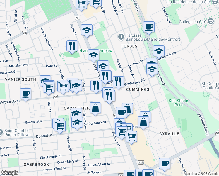 map of restaurants, bars, coffee shops, grocery stores, and more near 856 Rainier Street in Ottawa