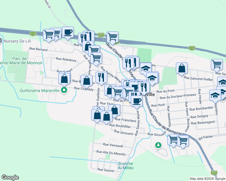 map of restaurants, bars, coffee shops, grocery stores, and more near 1133 Rue Chambly in Marieville