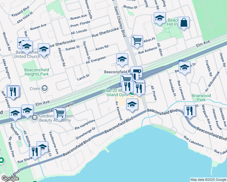 map of restaurants, bars, coffee shops, grocery stores, and more near 120 Beaurepaire Drive in Beaconsfield