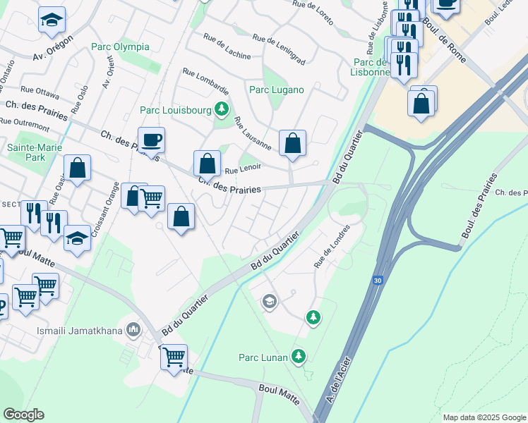 map of restaurants, bars, coffee shops, grocery stores, and more near 8835 Croissant du Louvre in Brossard