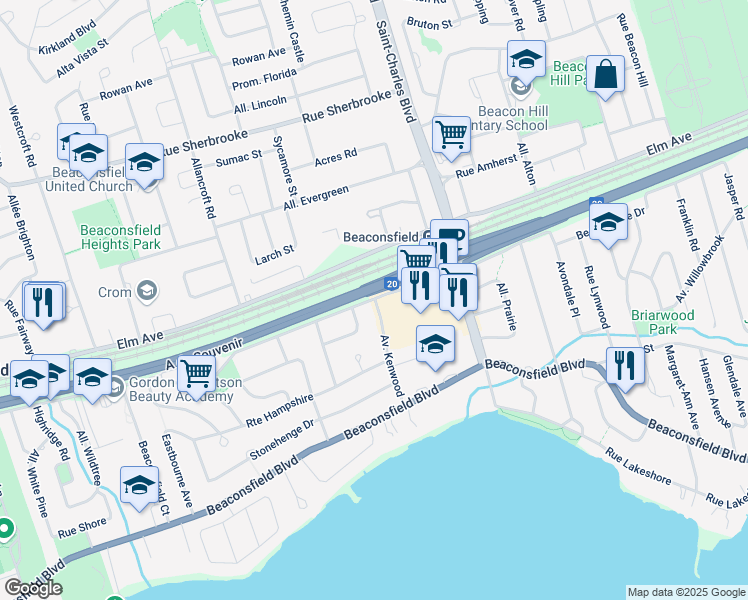 map of restaurants, bars, coffee shops, grocery stores, and more near 120 Beaurepaire Drive in Beaconsfield