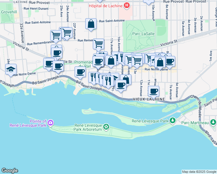 map of restaurants, bars, coffee shops, grocery stores, and more near in Montreal