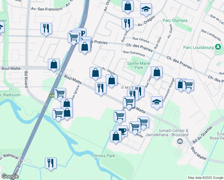 map of restaurants, bars, coffee shops, grocery stores, and more near in Brossard