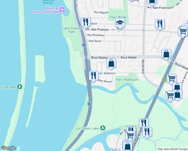 map of restaurants, bars, coffee shops, grocery stores, and more near 9396 Rue Riverin in Brossard