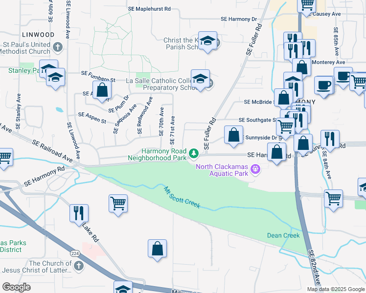 map of restaurants, bars, coffee shops, grocery stores, and more near 7211 Southeast Harmony Road in Milwaukie