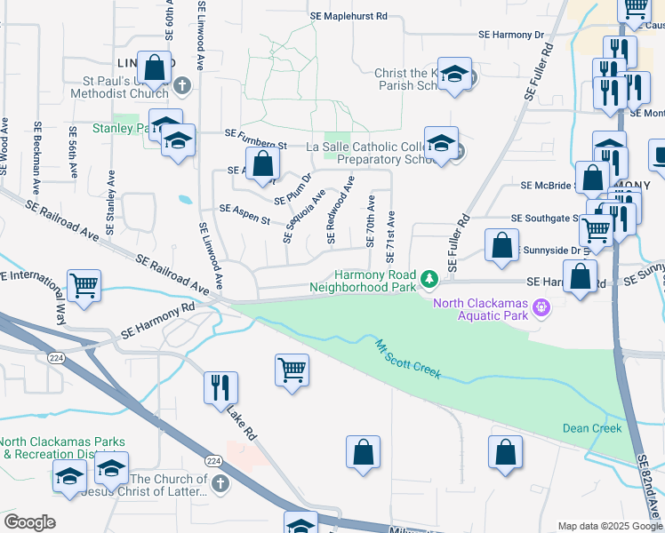 map of restaurants, bars, coffee shops, grocery stores, and more near 6715 Southeast Hemlock Street in Milwaukie