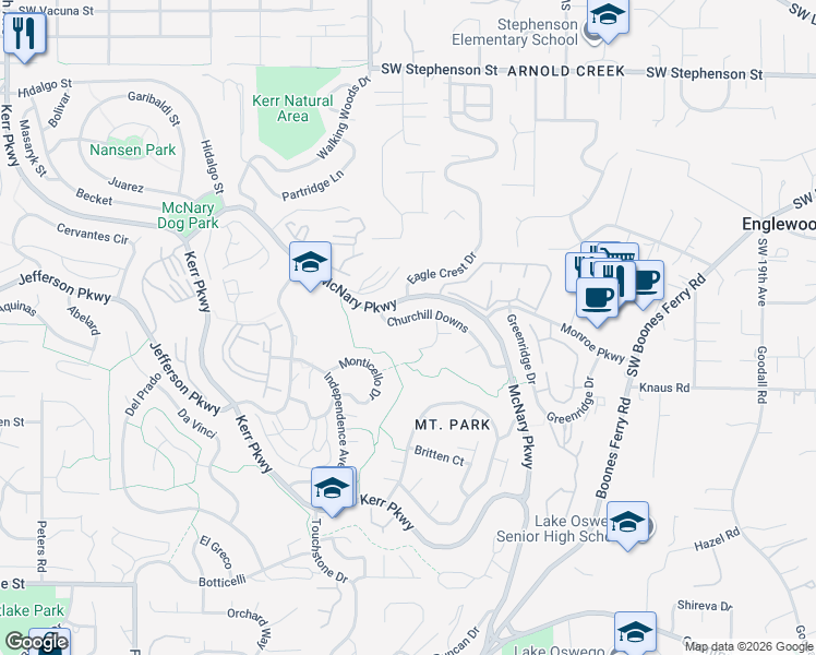 map of restaurants, bars, coffee shops, grocery stores, and more near 41 Churchill Downs in Lake Oswego