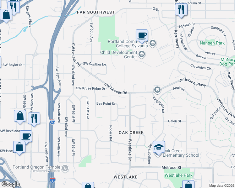 map of restaurants, bars, coffee shops, grocery stores, and more near 12731 Southwest 55th Place in Portland