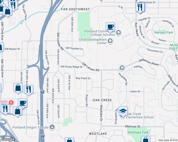 map of restaurants, bars, coffee shops, grocery stores, and more near 12721 Southwest Lesser Road in Portland