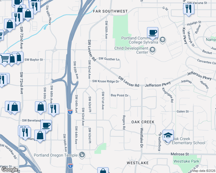 map of restaurants, bars, coffee shops, grocery stores, and more near 6012 Southwest Kruse Ridge Drive in Portland