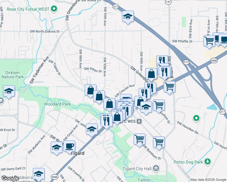 map of restaurants, bars, coffee shops, grocery stores, and more near 9425 Southwest Center Street in Tigard
