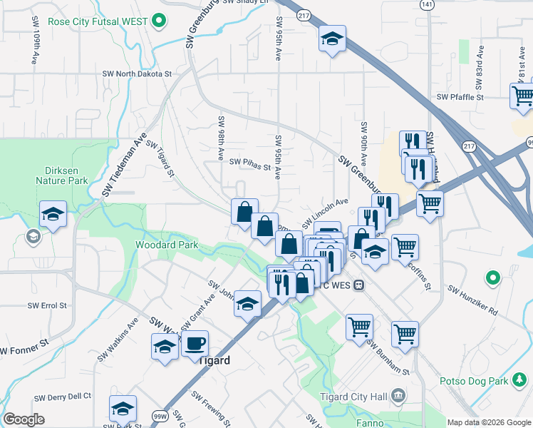 map of restaurants, bars, coffee shops, grocery stores, and more near 11975 Southwest 95th Avenue in Tigard