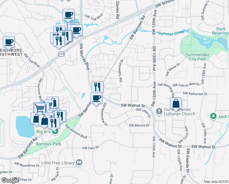 map of restaurants, bars, coffee shops, grocery stores, and more near 14184 Southwest Barrows Road in Tigard