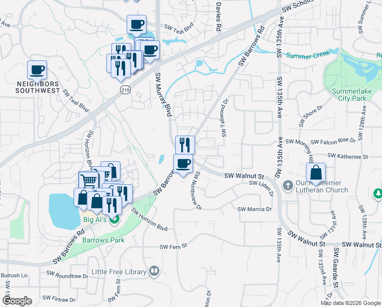 map of restaurants, bars, coffee shops, grocery stores, and more near 14198 Southwest Barrows Road in Tigard
