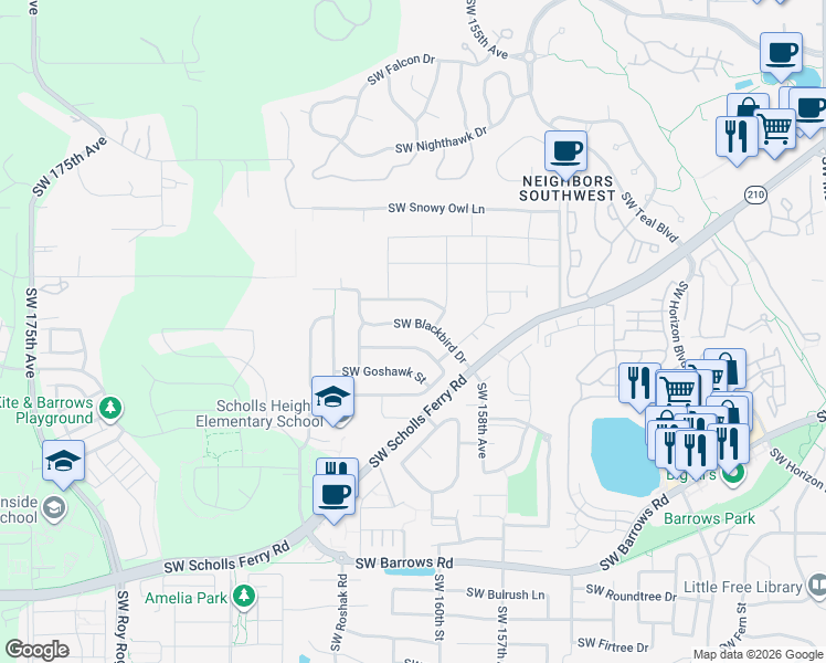 map of restaurants, bars, coffee shops, grocery stores, and more near 16125 Southwest Black Bird Drive in Beaverton