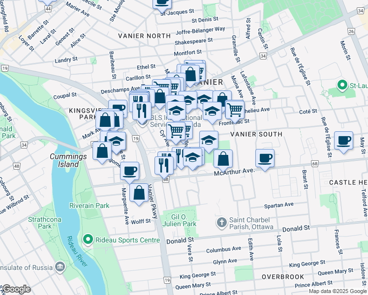 map of restaurants, bars, coffee shops, grocery stores, and more near 335 Cody Avenue in Ottawa