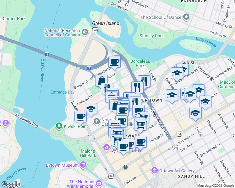 map of restaurants, bars, coffee shops, grocery stores, and more near 171 Bruyère Street in Ottawa