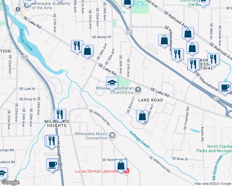 map of restaurants, bars, coffee shops, grocery stores, and more near 3606 Southeast Lake Road in Milwaukie