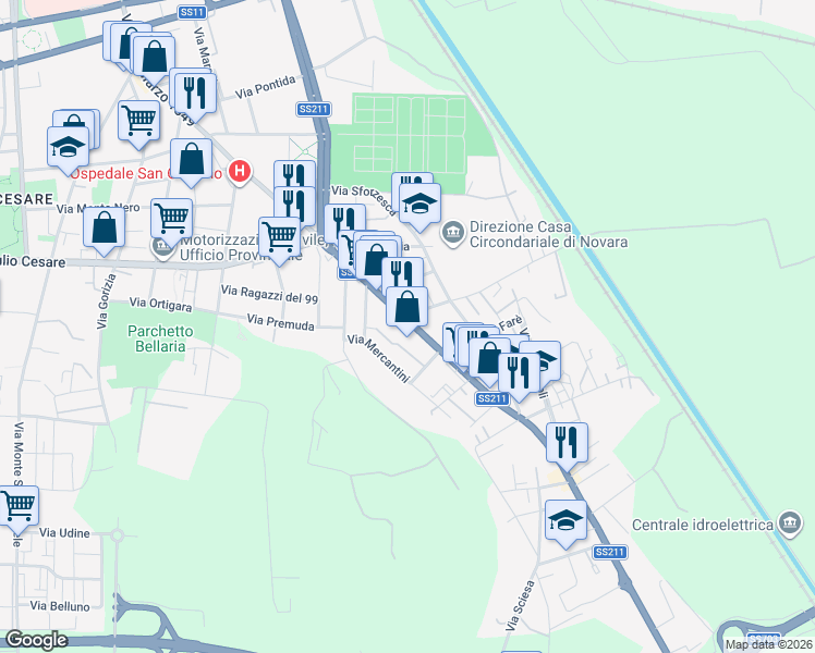 map of restaurants, bars, coffee shops, grocery stores, and more near 216 Corso XXIII Marzo in Novara