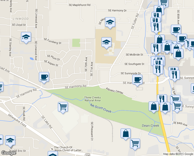 map of restaurants, bars, coffee shops, grocery stores, and more near 7211 Southeast Harmony Road in Milwaukie