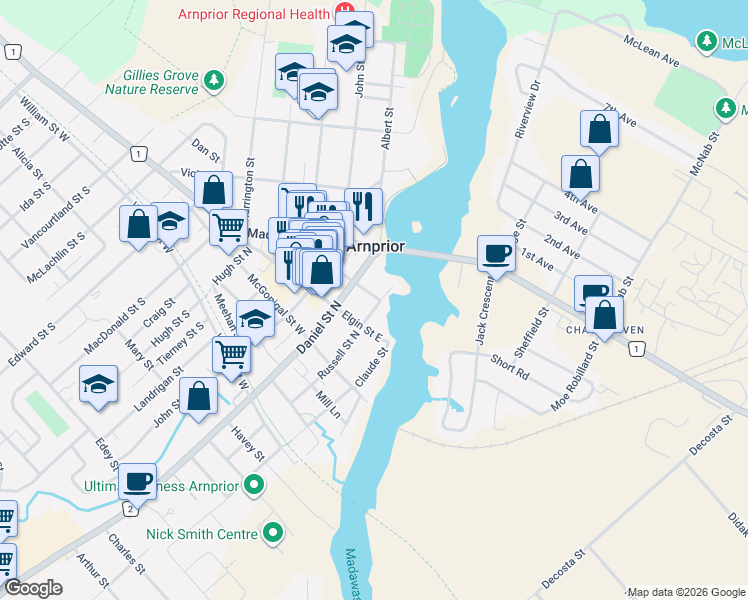 map of restaurants, bars, coffee shops, grocery stores, and more near 18 Rock Lane East in Arnprior