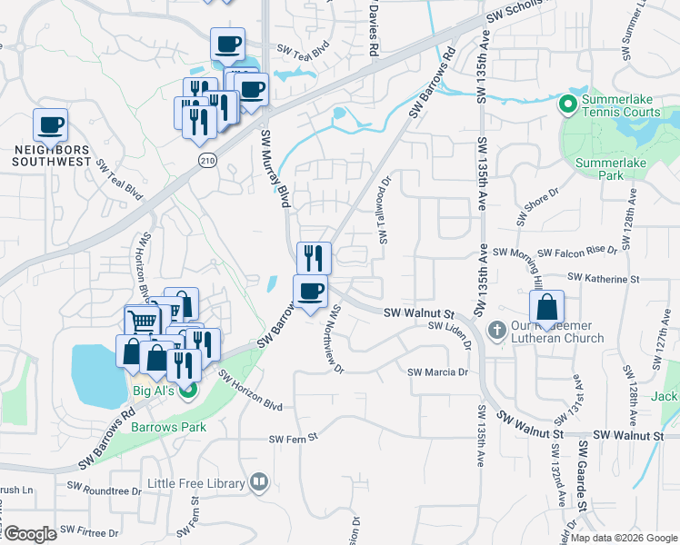 map of restaurants, bars, coffee shops, grocery stores, and more near 14231 Southwest Walnut Creek Court in Tigard