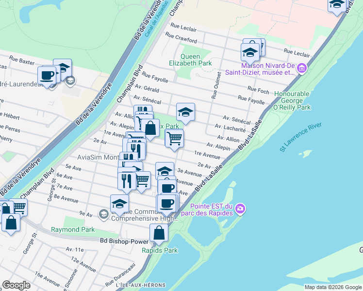 map of restaurants, bars, coffee shops, grocery stores, and more near 7550 Rue Édouard in Montréal