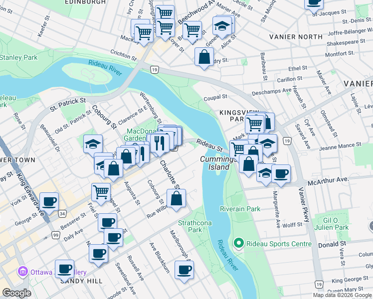 map of restaurants, bars, coffee shops, grocery stores, and more near 595 Besserer Street in Ottawa