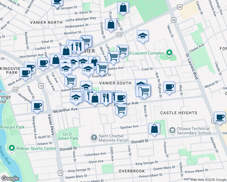 map of restaurants, bars, coffee shops, grocery stores, and more near 372 Lafontaine Avenue in Ottawa