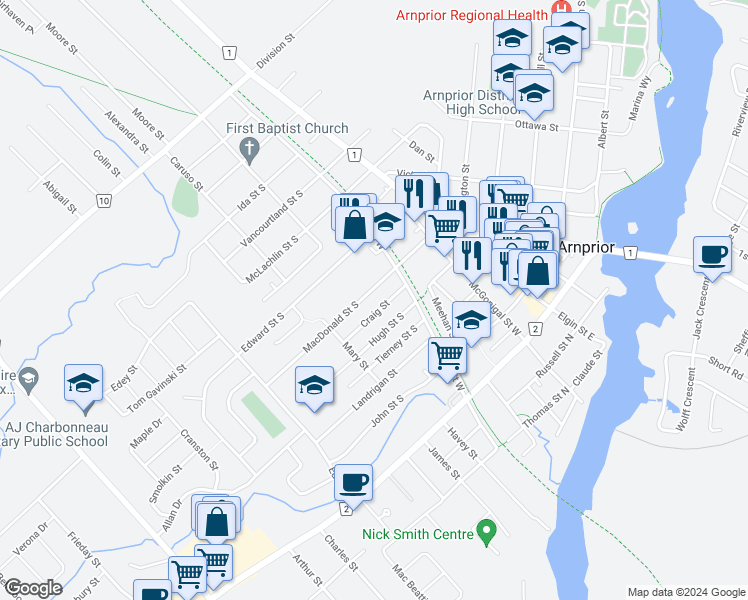 map of restaurants, bars, coffee shops, grocery stores, and more near in Arnprior