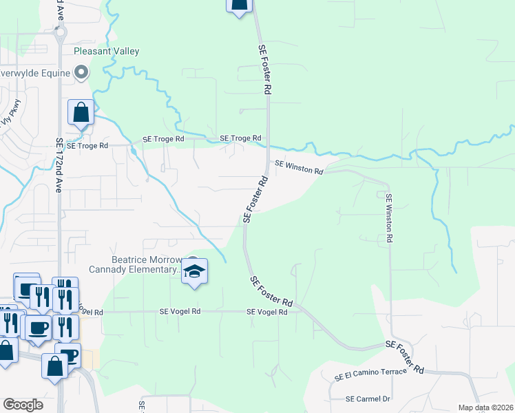 map of restaurants, bars, coffee shops, grocery stores, and more near 20073 Southeast Foster Road in Damascus