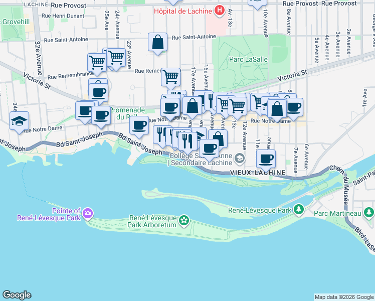 map of restaurants, bars, coffee shops, grocery stores, and more near 24 17e Avenue in Montréal