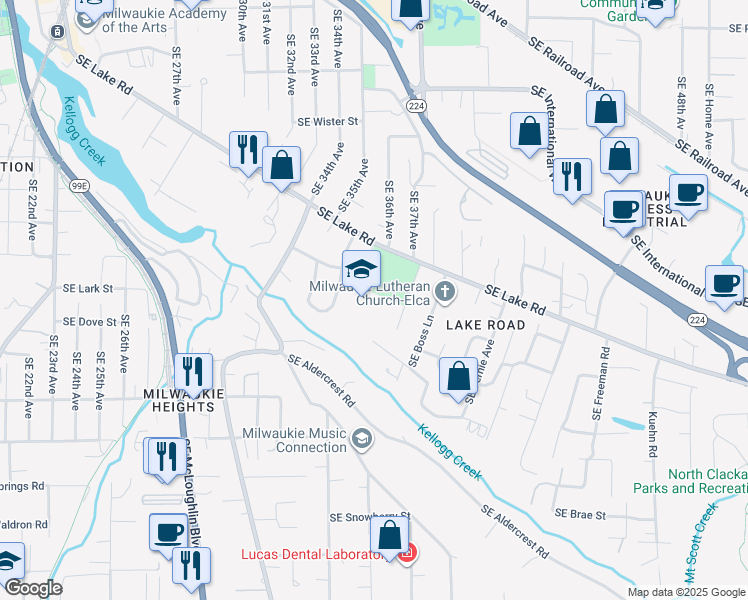 map of restaurants, bars, coffee shops, grocery stores, and more near 3606 Southeast Lake Road in Milwaukie