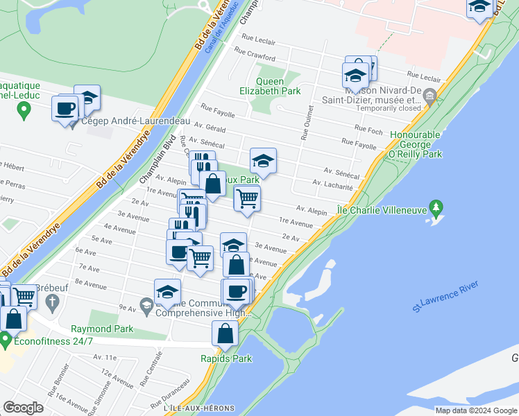 map of restaurants, bars, coffee shops, grocery stores, and more near 7550 Rue Édouard in Montréal