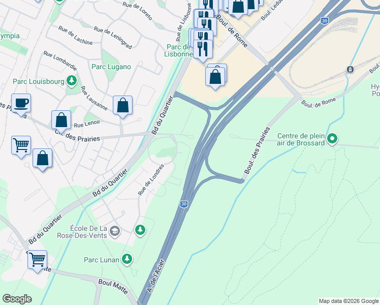 map of restaurants, bars, coffee shops, grocery stores, and more near 8085 Rue de Londres in Brossard