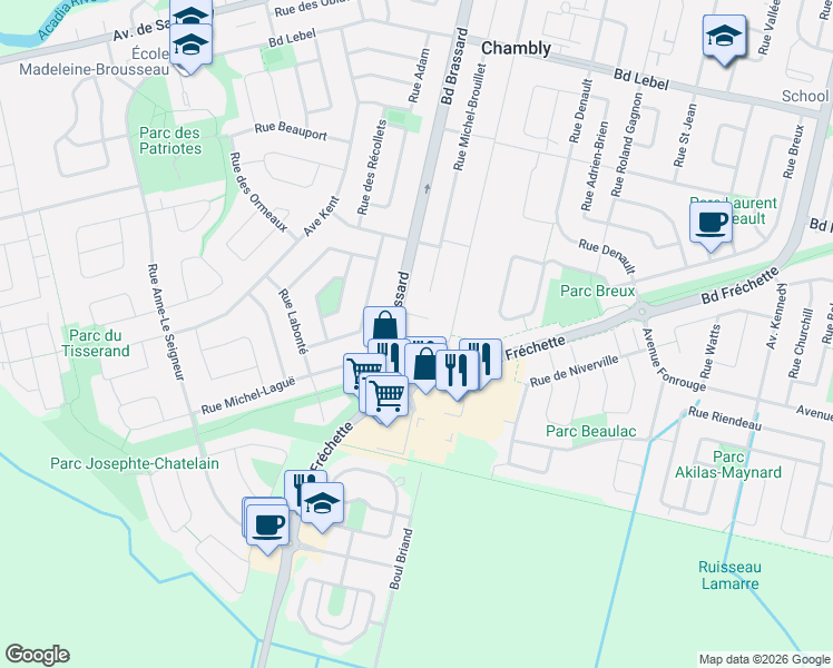 map of restaurants, bars, coffee shops, grocery stores, and more near 1451 Boulevard Brassard in Chambly