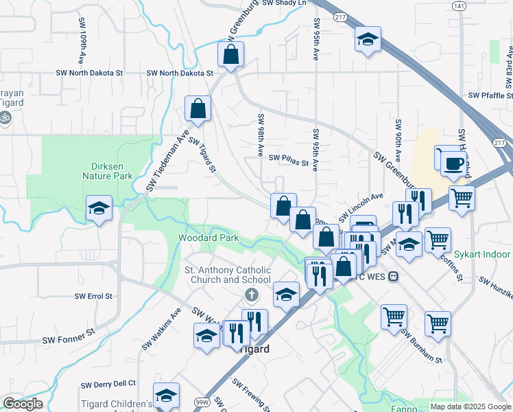 map of restaurants, bars, coffee shops, grocery stores, and more near 9816 Southwest Tigard Street in Portland