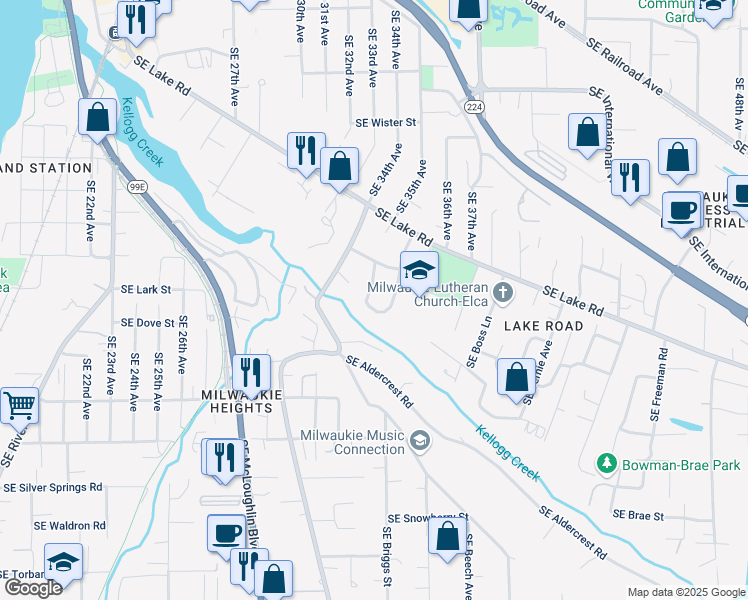 map of restaurants, bars, coffee shops, grocery stores, and more near 12462 Southeast Guilford Drive in Milwaukie