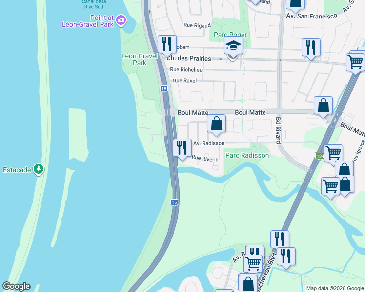 map of restaurants, bars, coffee shops, grocery stores, and more near 9398 Rue Riverin in Brossard