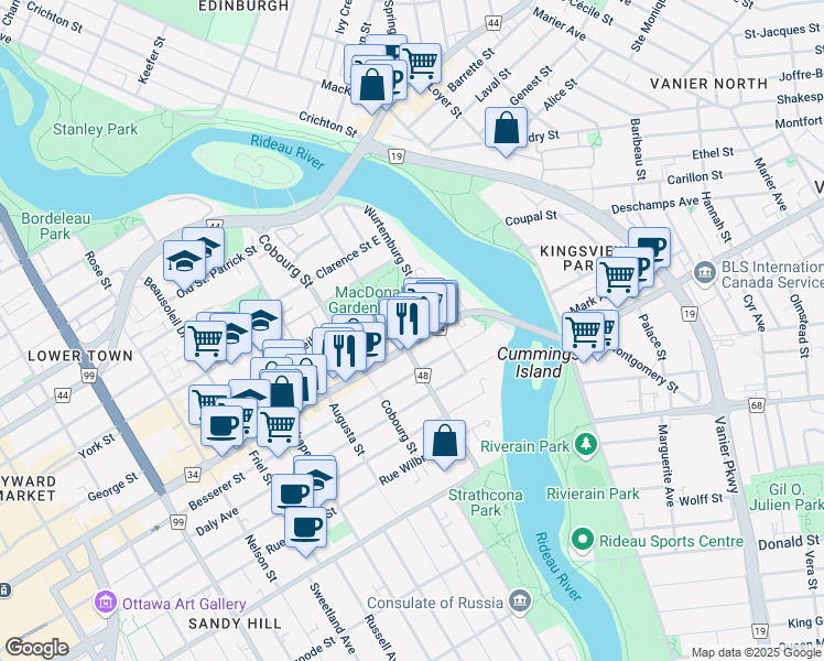 map of restaurants, bars, coffee shops, grocery stores, and more near 589 Rideau Street in Ottawa
