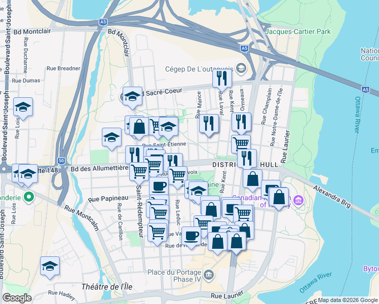 map of restaurants, bars, coffee shops, grocery stores, and more near 79 Rue Falardeau in Gatineau