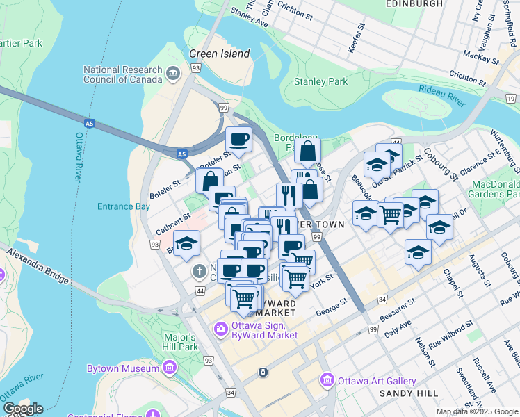 map of restaurants, bars, coffee shops, grocery stores, and more near 210 Cumberland Street in Ottawa