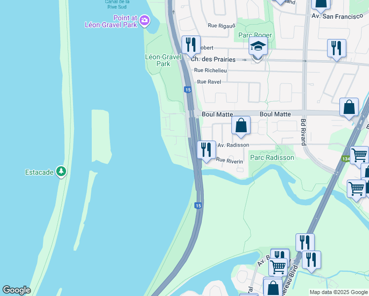 map of restaurants, bars, coffee shops, grocery stores, and more near 9350 Rue des Rubaniers in Brossard