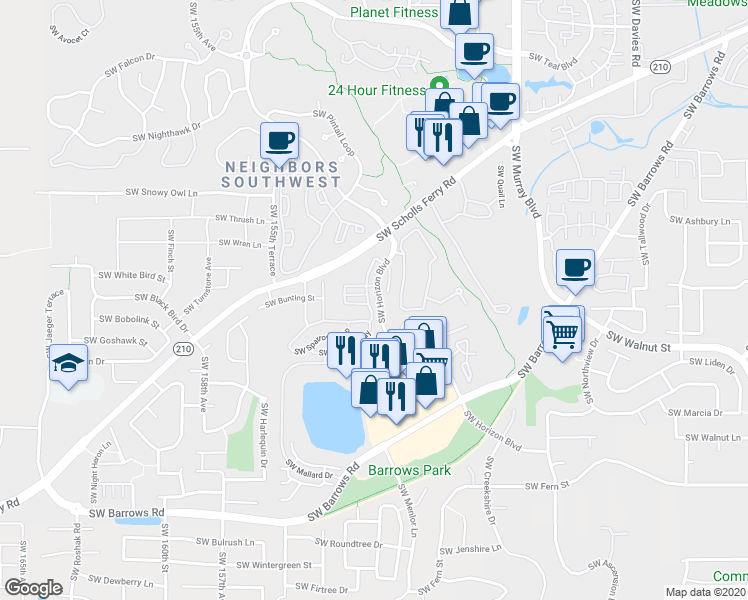 map of restaurants, bars, coffee shops, grocery stores, and more near 11959 Southwest Horizon Boulevard in Beaverton