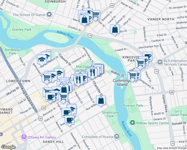 map of restaurants, bars, coffee shops, grocery stores, and more near 589 Rideau Street in Ottawa