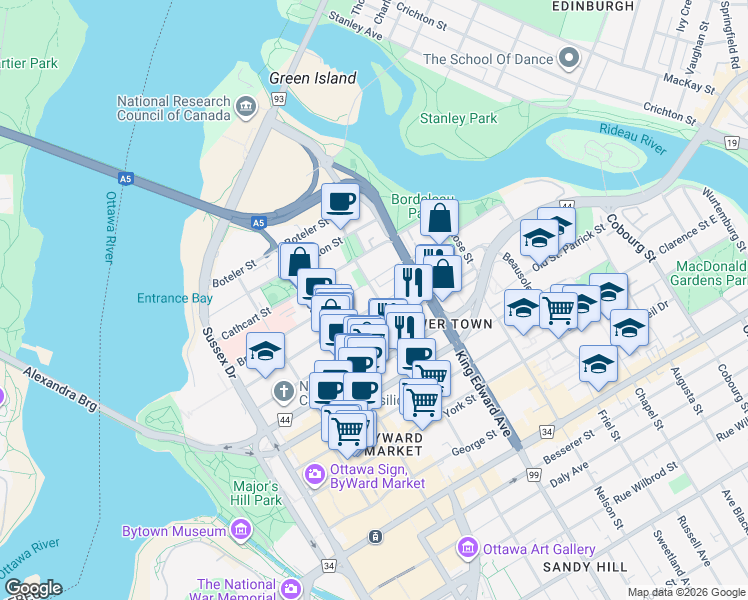 map of restaurants, bars, coffee shops, grocery stores, and more near in Ottawa