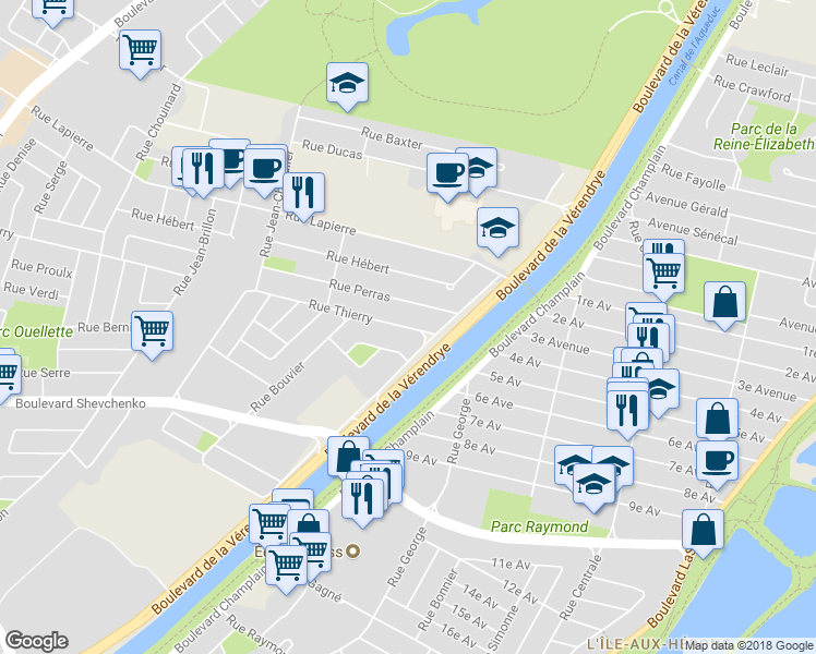 map of restaurants, bars, coffee shops, grocery stores, and more near 1027 Rue Thierry in Montréal