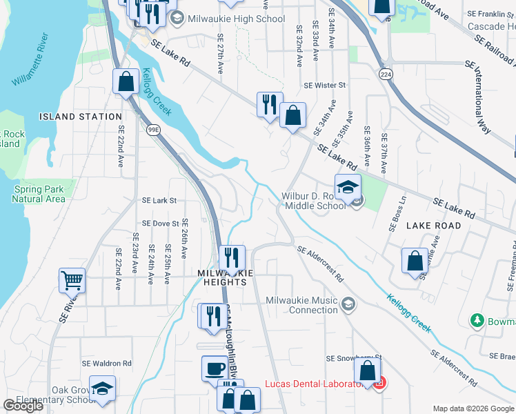 map of restaurants, bars, coffee shops, grocery stores, and more near 12200 Southeast McLoughlin Boulevard in Milwaukie